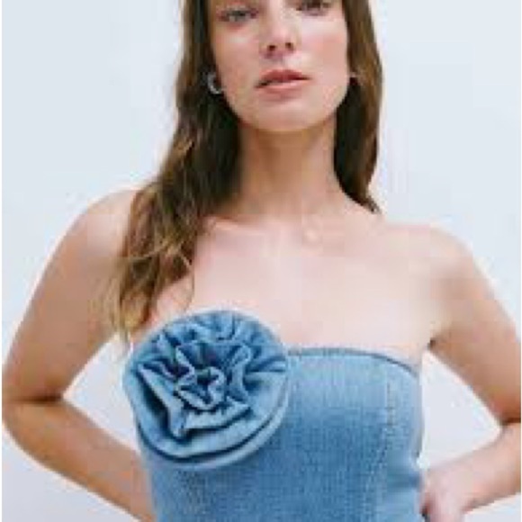 Reformation Blue Ruched Strapless Sheath Dress - Picture 2 of 6